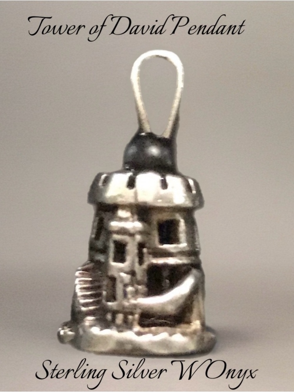 Vintage Tower of David Sterling Silver Pendant with Onyx Bail